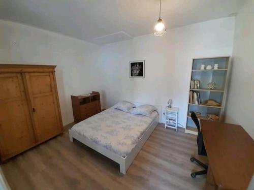 um quarto com uma cama e uma secretária num quarto em Toulousaine avec jardin proche centre wifi em Toulouse