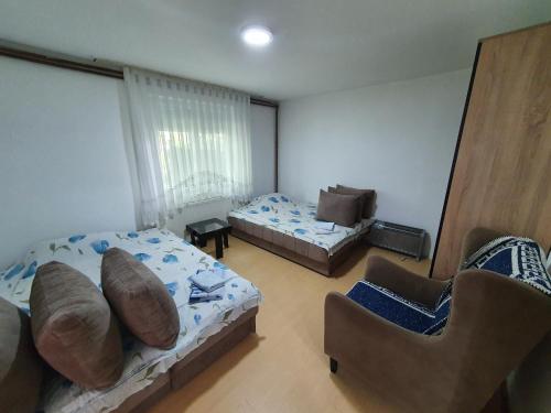 een woonkamer met 2 bedden en een bank bij Smeštaj Miki 2 in Soko Banja