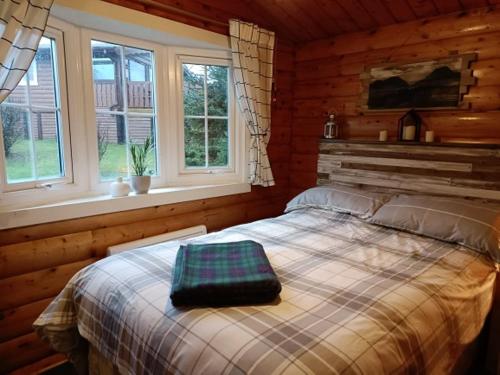 een slaapkamer met een bed in een blokhut bij 299 Willow Lodge in Trawsfynydd