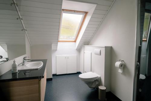 a bathroom with a toilet and a sink and a window at Spacious City Center Home by the Sea in Klaksvík