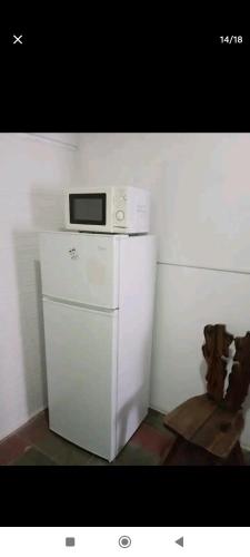 een magnetron bovenop een witte koelkast bij Carmelo in Carmelo