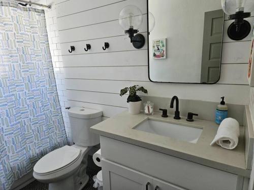 a bathroom with a sink and a toilet and a mirror at Entire home in Historic Long Beach close to shops in Long Beach