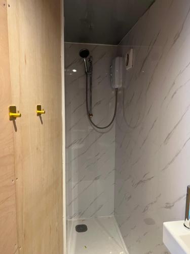 a bathroom with a shower with white marble walls at Baggies No.2 in Brighton & Hove