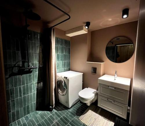 uma casa de banho com um WC, um lavatório e um chuveiro em Mysig, modern studio med egen strand em Estocolmo