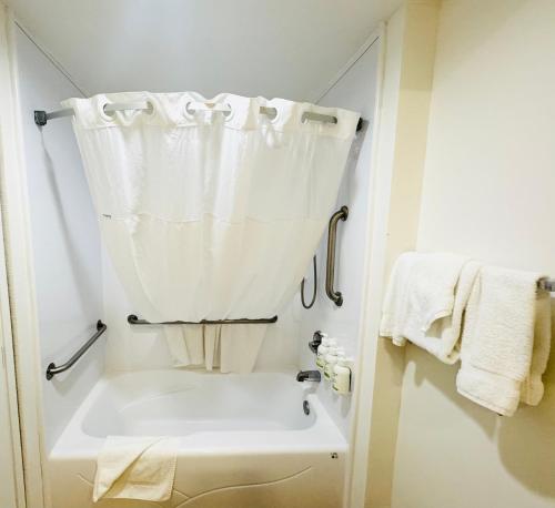 a bathroom with a sink and a shower curtain at Ramada by Wyndham San Diego Airport in San Diego