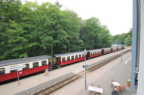海利根達姆的住宿－Mollibahnhof - Heiligendamm Mollibahnhof Heiligendamm DZ 04，一辆红色和白色的火车停在车站