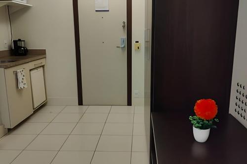a red flower in a pot on a counter in a kitchen at Studio pé na areia, vista, internet e ar in Macaé