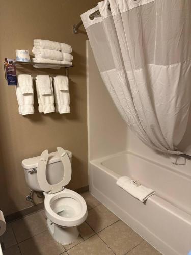 a bathroom with a toilet and a bath tub with towels at Baymont by Wyndham Lawrenceburg in Lawrenceburg