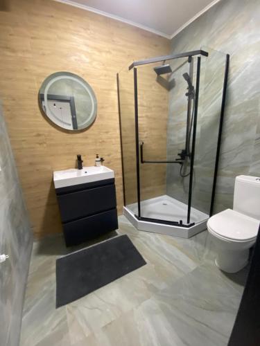 a bathroom with a shower and a sink and a toilet at SevenHills chalet in Yablunytsya