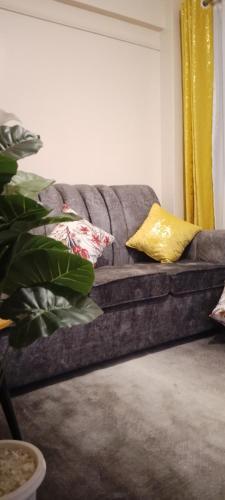 ein Sofa mit zwei Kissen darauf im Wohnzimmer in der Unterkunft Glory homes in Nairobi