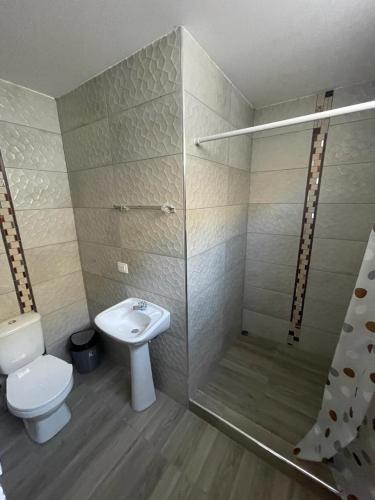 ein Bad mit einem WC, einem Waschbecken und einer Dusche in der Unterkunft Casa Halley #6 con vista al mar in Playas