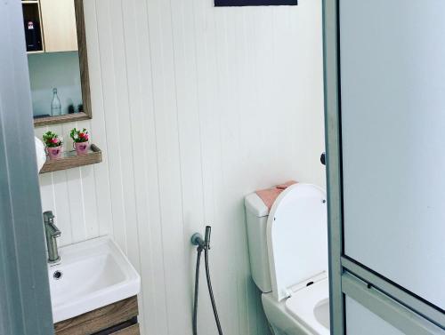a bathroom with a sink and a toilet and a mirror at ADRIANA CABIN in Melaka