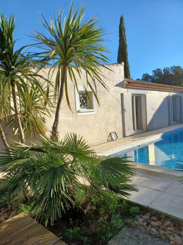 a house with palm trees next to a swimming pool at Le Clos Olives in Comps