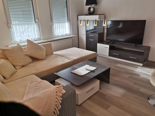 a living room with a couch and a flat screen tv at Im Harzer Vogelnest Spatzennest in Bad Harzburg