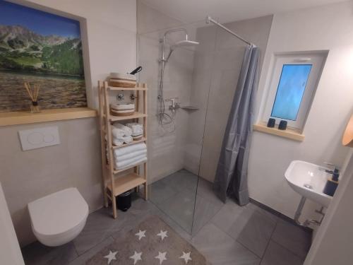 een badkamer met een douche, een toilet en een wastafel bij Ferienwohnung Bergzauber Krün in Krün