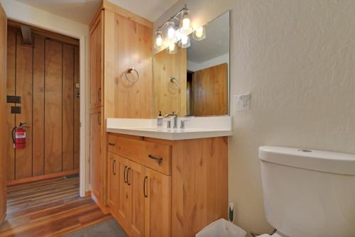 een badkamer met een wastafel, een toilet en een spiegel bij Mountain Gem in Dorrington