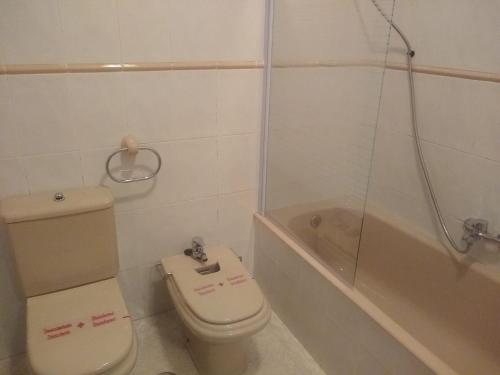 a bathroom with a toilet and a bath tub at Hotel Capellan in Navia