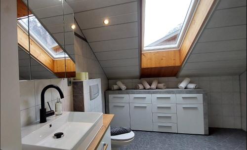 a bathroom with a sink and a toilet and skylights at Apartement Johannes in Mellau