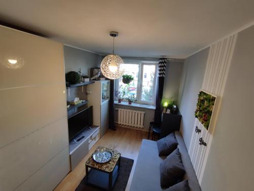 Niewielki pokój dla jednej osoby lub pary. في وارسو: غرفة معيشة مع أريكة وتلفزيون
