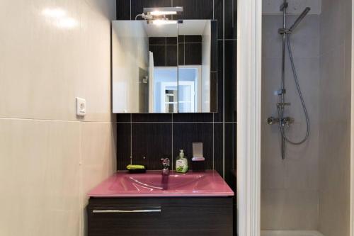 坎城的住宿－T2 Croisette & Palm Beach 2mi à pieds !，一间带粉色水槽和淋浴的浴室