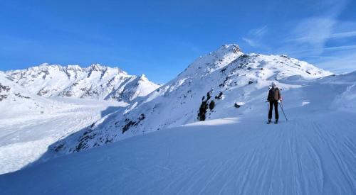 a man is skiing down a snow covered mountain at Imhof Alpine B&B Apartments in Bettmeralp