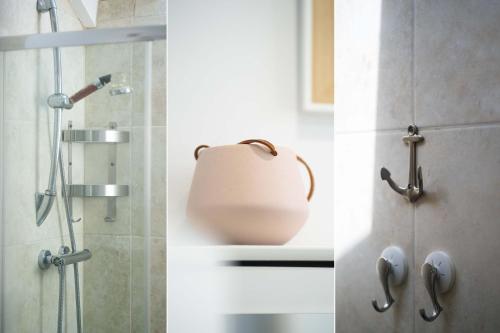 three pictures of a shower in a bathroom at Alba in St Ives