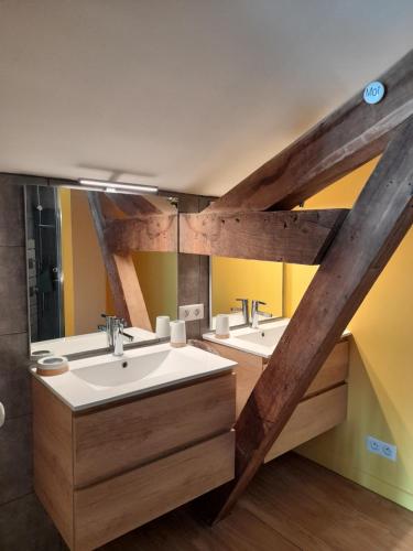 une salle de bain avec deux lavabos et un grand miroir dans l'établissement Léon, à Dax