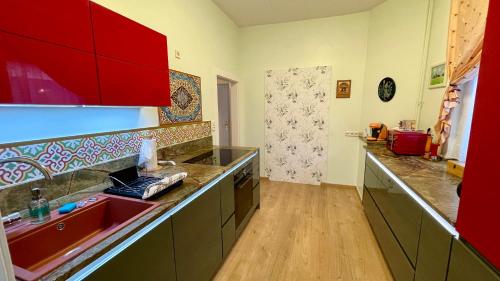 a kitchen with red cabinets and a red sink at Zentral mit Entspannung pur in Mörfelden-Walldorf