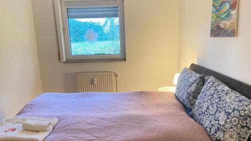 1 cama en un dormitorio con ventana en In Saarbrücken Stadtnahe gemütliche Wohnung am Deutsch-Französischen Garten, en Saarbrücken