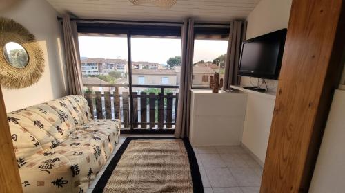 a living room with a couch and a television at Joli T2 proche mer et commodités in La Seyne-sur-Mer