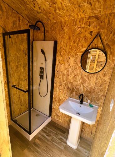 La salle de bains est pourvue d'une douche et d'un lavabo. dans l'établissement Dodôme Véga Provence étoilée, à Rocbaron
