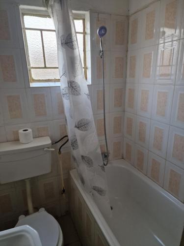 a bathroom with a tub and a toilet and a shower curtain at Salama House in Lusaka