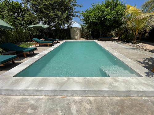a swimming pool with two chairs and an umbrella at Diana Place in Paje