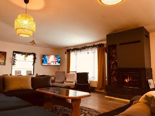 a living room with a couch and a fireplace at The Hygge House in Plopi