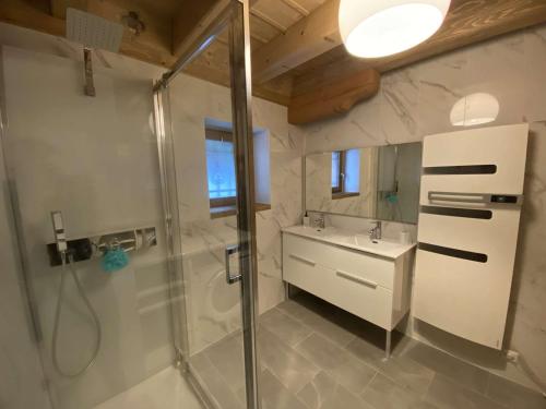 a bathroom with a shower and a sink at Chalet Hauteluce, 4 pièces, 7 personnes - FR-1-342-309 in Hauteluce
