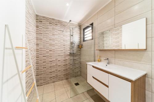 bagno con lavandino e doccia di Magnifique villa avec jacuzzi Proximité mer a Saint-Joseph