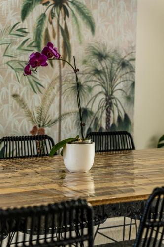a flower in a pot on a wooden table at Magnifique villa avec jacuzzi Proximité mer in Saint-Joseph