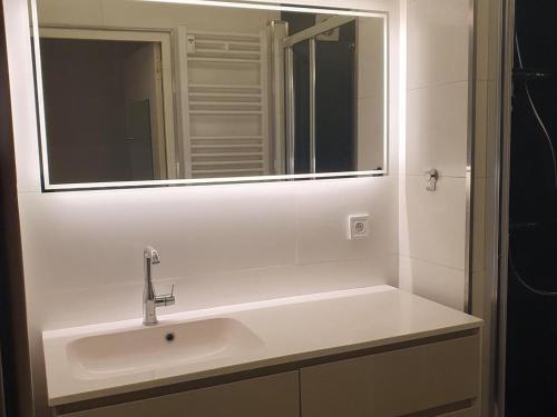 La salle de bains est pourvue d'un lavabo blanc et d'un miroir. dans l'établissement Appartement Méribel, 2 pièces, 6 personnes - FR-1-411-863, à Les Allues