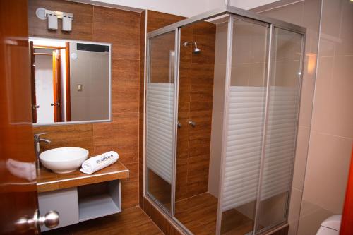 a bathroom with a shower and a sink at HOTEL SUDAMERICANA INN in Tacna