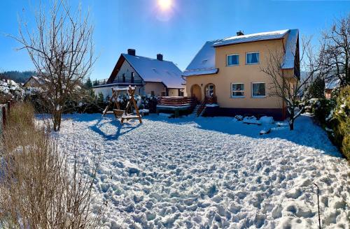 Domek Monte Black z jacuzzi i sauną fińską في سترونيش لونسكي: ساحة مغطاة بالثلج أمام المنزل