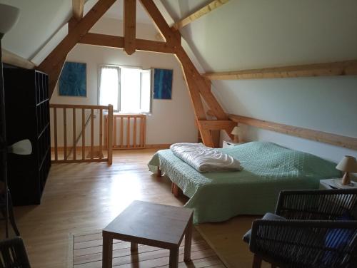 une chambre avec deux lits dans un grenier dans l'établissement Le Mas de Sorias, à Fossemagne