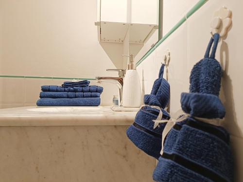 a bathroom with blue mittens on a sink with towels at Il giardino segreto in Lucca