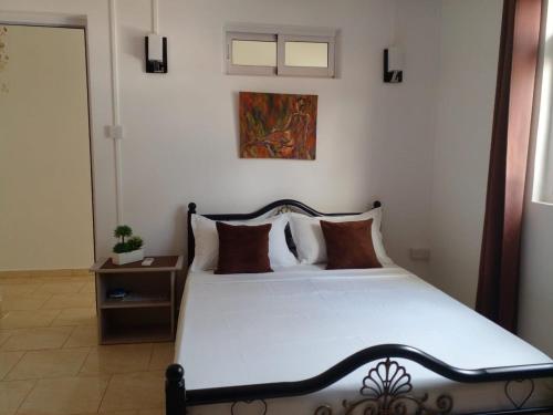 a bedroom with a large white bed with brown pillows at Real Mauritius Apartments in Grand Gaube