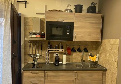 kuchnia ze zlewem i kuchenką mikrofalową w obiekcie Dimora delle Sciare - Centro Storico w Katanii