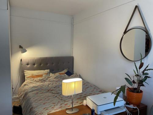 a bedroom with a bed with a mirror and a lamp at Charming studio Apartment in London in London