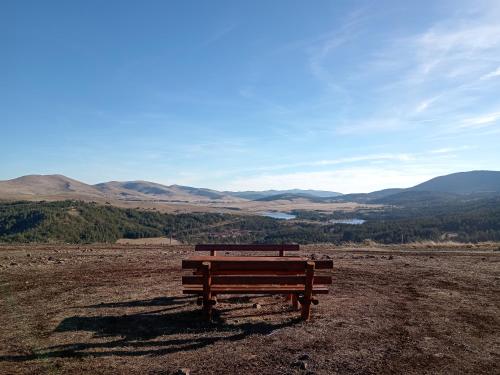 a bench sitting in a field with mountains in the background at Kod Gruja in Ribnica