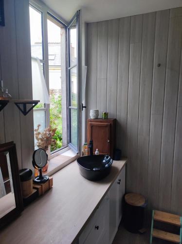 La salle de bains est pourvue d'un lavabo sur un comptoir. dans l'établissement Gîte de la vallée à Courdemanche Sarthe, à Courdemanche