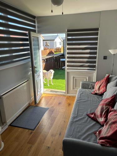 a living room with a couch and a dog looking out the door at Modern One Bedroom Chalet with Central Heating in Bridlington