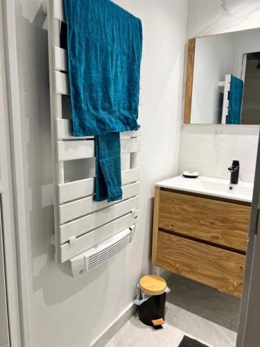 W łazience znajduje się umywalka i niebieski ręcznik. w obiekcie Coquette maison à 500 m de la plage du verdon à la couronne w mieście Martigues