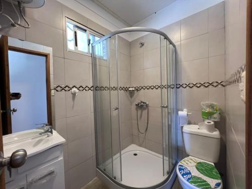 La salle de bains est pourvue d'une douche, de toilettes et d'un lavabo. dans l'établissement Casa shalet piriapolis 6 personas, à Bella Vista